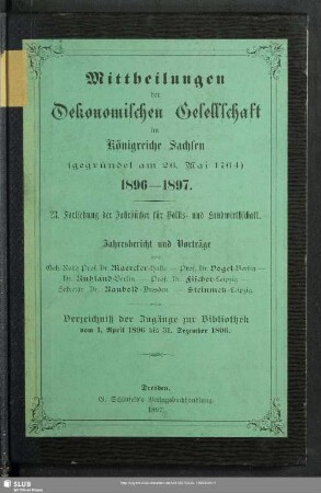 1896: Bibliothek der Ökonomischen Gesellschaft im Königreiche Sachsen : Zugänge vom ...