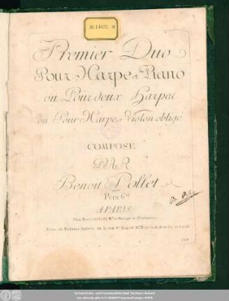 Premier Duo Pour Harpe et Piano ou Pour deux Harpes ou Pour Harpe et Violon obligé