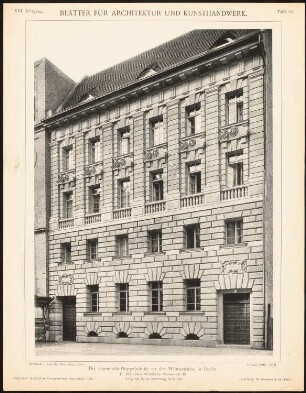 Gemeindedoppelschule Wilmsstraße, Berlin: Ansicht Lehrerwohnhaus (aus: Blätter für Architektur und Kunsthandwerk, 13. Jg., 1900, Tafel 85)