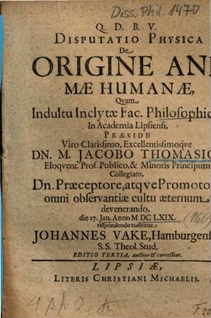 Disputatio Physica De Origine Animae Humanae