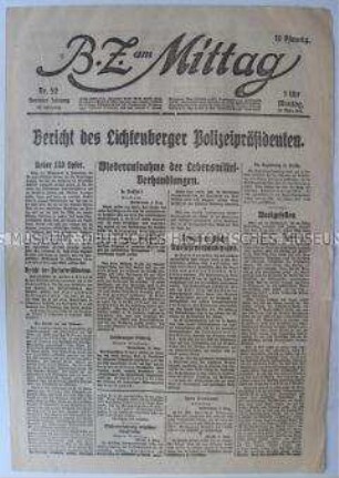 Berliner Tageszeitung "B.Z. am Mittag" u.a. mit einer Bilanz der revolutionären Kämpfe in Berlin-Lichtenberg
