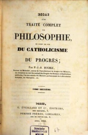 Essai d'un traité complet de Philosophie du point de vue du Catholicisme et du Progrès, 2