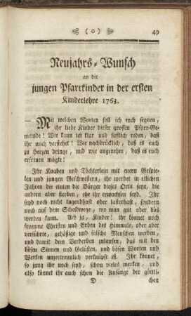 Neujahrs-Wunsch an die jungen Pfarrkinder in der ersten Kinderlehre 1763.