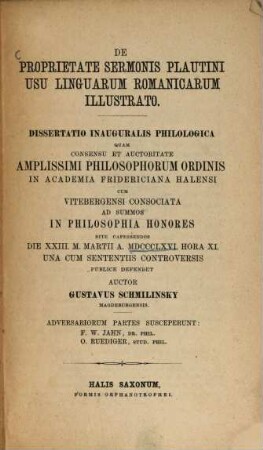 De proprietate sermonis Plautini usu linguarum Romanicarum illustrato