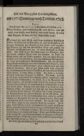 Ein und Vierzigstes Erbauungsblatt, am 17ten Sonntage nach Trinitat. 1793.