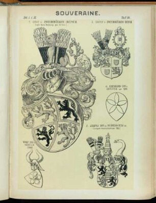 Taf. 84. 1. Graf v. Zweibrücken-Bitsch. (nach Hans Baldung gen. Grien.) - 2. Jacob Graf zu Zweibrücken-Bitsch etc. (Stuttgarter Armbrustschiessen 1560.) - 3. Grafen v. Zweibrücken-Bitsch - 4. Eberhard Graf v. Eberstein um 1200. - Wolf Graf v. Eberstein (1388)