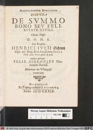 Disputationum Ethicarum Secunda De Summo Bono Seu Felicitate Civili
