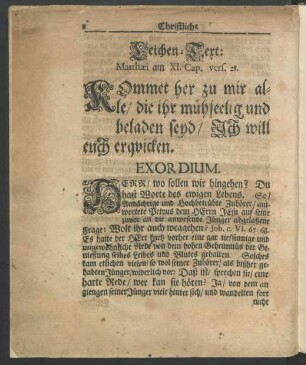 Leichen-Text: Matthaei am XI. Cap. vers. 28.