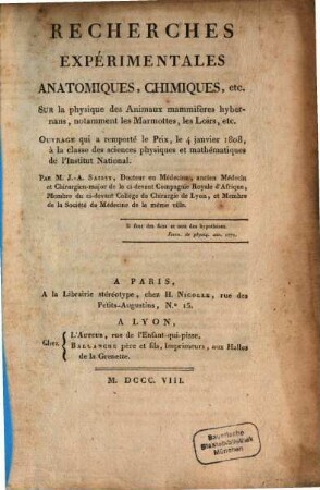 Recherches expérimentales anatomique, chimique, etc., sur la physique des animaux