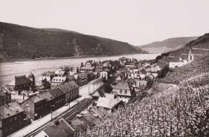 Assmannshausen, Ortsansicht : Assmannshausen. Ortsansicht von den Weinbergen nach Süden über den Rhein