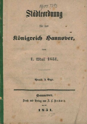 Städteordnung für das Königreich Hannover, vom 1. Mai 1851