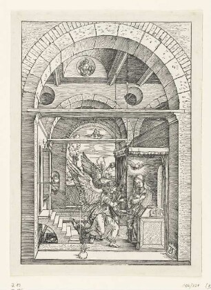 Mariä Verkündigung, Blatt 8 aus: Albrecht Dürer, "Epitome in Divae Parthenices Mariae Historiam ab Alberto Durero Norico per figuras digestam cum versibus annexis Chelidonii", Nürnberg 1511