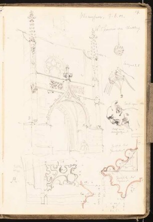 Skizzenbuch 1901: Stadtkirche in Wimpfen im Tal: Portal, Bauskulptur, Ansichten, perspektivische Ansichten, Schnitte