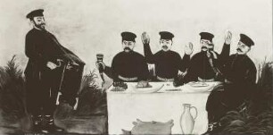 Gelage mit dem Orgelspieler Dadiko Zemel : Pirosmanaschwili, Niko: Gelage mit dem Orgelspieler Dadiko Zemel. 1906. Öl auf Wachstuch; 103,5 x 196 cm. Sonderausstellung Niko Pirosmanaschwili, Dresden 1969