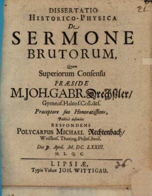 Dissertatio Historico-Physica De Sermone Brutorum