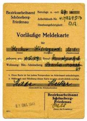 Meldekarte des Arbeitsamtes - Personenkonvolut