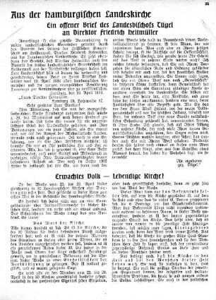 Aus der hamburgischen Landeskirche : Ein offener Brief des Landesbischofs Tügel an Direktor Friedrich Heitmüller