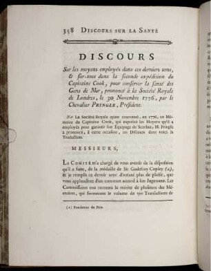 Discours Sur les moyens employés dans ces derniers tems, & sur-tout dans la seconde expédition du Capitaine Cook, [...]