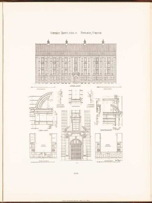 Gemeindeschule in der Putbusser Straße, Berlin: Grundriss EG, 1.-3.OG, Ansicht von der Straßenseite, Details (aus: Neubauten der Stadt Berlin, Bd. V, 1907)