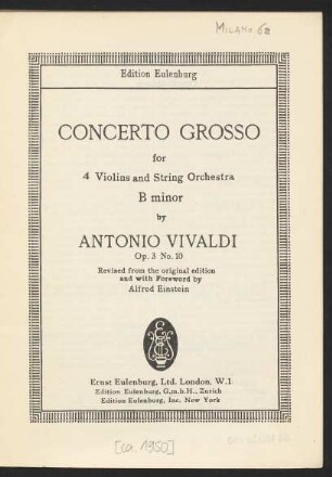 Concerto grosso for 4 violins and string orchestra : B minor : op. 3 No. 10