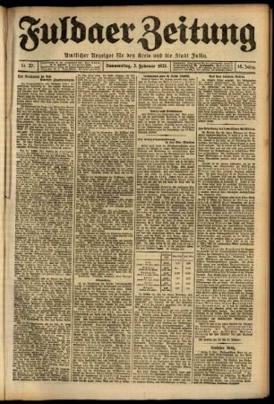 Erste Ausgabe vom Donnerstag, den 03. Februar 1921.
