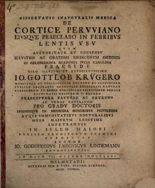 Dissertatio Inavgvralis Medica De Cortice Pervviano Eivsqve Praeclaro In Febribvs Lentis Vsv