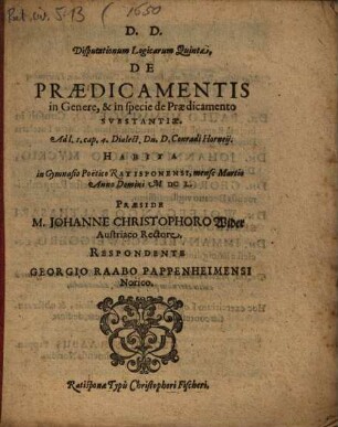 Disputationum Logicarum ..., 5. De Praedicamentis in Genere, & in specie de Praedicamento Svbstantiae