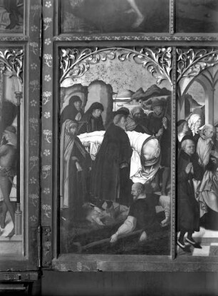 Altar in erster Öffnung — Szenen aus dem Leben Johannes des Täufers — Rechter Außenflügel: Vier Szenen aus dem Leben des Heiligen — Die Beerdigung des Leibes
