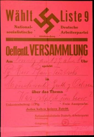 Versammlung der NSDAP-Ortsgruppe Mönchweiler: Was steht uns bevor?