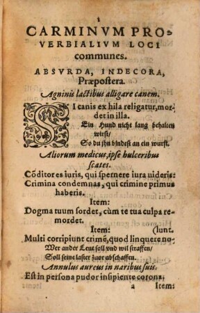 Carminvm Proverbialivm, Totius humanae uit[a]e statum breuiter delineantium, necnon utilem de moribus doctrinam iucunde proponentium, Loci Communes : Nunc denuo in gratiam Iuuentutis aucti et recogniti