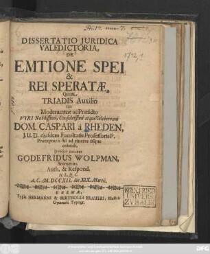 Dissertatio Juridica Valedictoria, De Emtione Spei & Rei Speratae