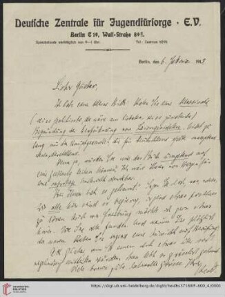 Brief von Hedwig Kantorowicz von Deutsche Zentrale für Jugendfürsorge (Berlin) an Gustav Radbruch