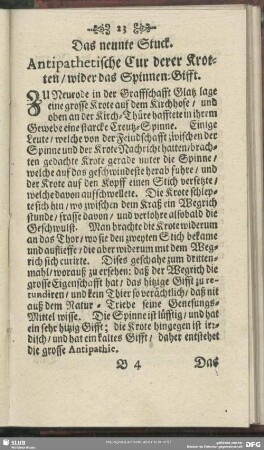 Das neunte Stuck. Antipathetische Cur derer Krotten, wider das Spinnen-Gifft