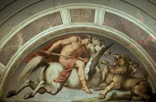 Bellerophon besiegt auf Pegasus reitend die Chimaera