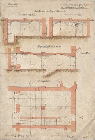 Voit, August von; München; Botanischer Garten - Heizräume - Gewölbe (Grundriss, Querschnitte,Längsschnitt)