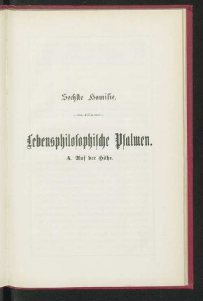 Sechste Homilie. Lebensphilosophische Psalmen. A. Auf der Höhe.