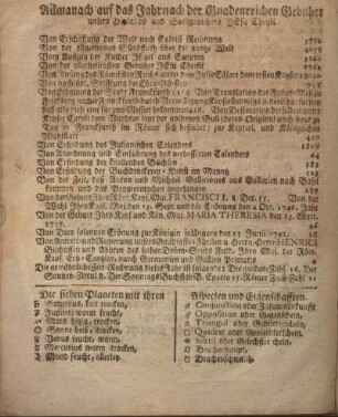 Allmanach auf das Jahr nach der Gnadenreichen Gebuhrt unsers Heylands und Seeligmachers Jesu Christi.