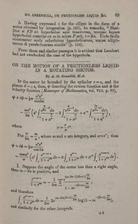 On the motion of a frictionless liquid in a rotating sector.
