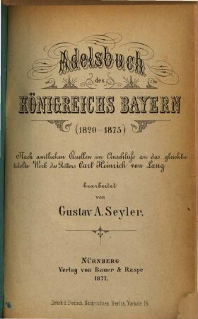 Adelsbuch des Königreichs Bayern : (1820-1875)