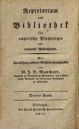 Repertorium und Bibliothek für empirische Psychologie und verwandte Wissenschaften. 3, 3. 1801