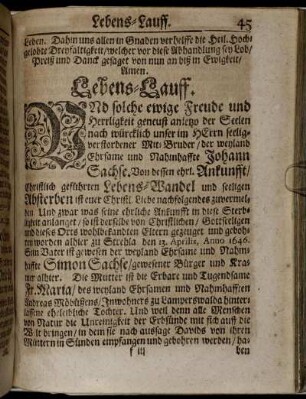 Lebens-Lauff.; Einfältige Abdanckungs-Rede. (Titul.).