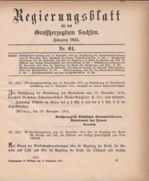 Nr. 238: Ministerialverordnung vom 19. November 1915 zur Ausführung der Bundesratsverordnung vom 13. November 1915, betreffend die private Schwefelwirtschaft