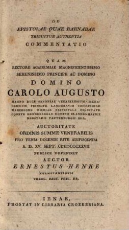 De epistolae, quae Barnabae tribuitur authentia