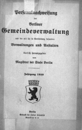 1920: Personalnachweisung der Berliner Gemeindeverwaltung und der mit ihr in Verbindung stehenden Verwaltungen und Anstalten