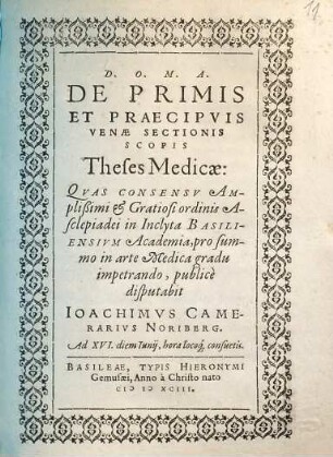 De primis et praecipuis venae sectionis scopis theses medicae