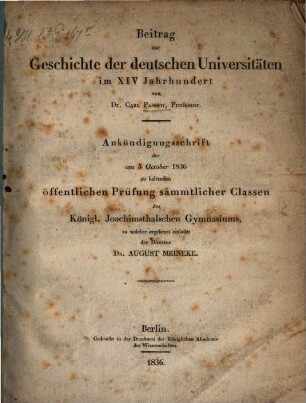 Beitrag zur Geschichte der deutschen Universitäten im XIV. Jahrhundert