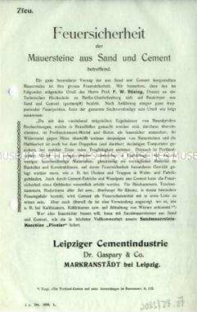 Feuersicherheit der Mauersteine aus Sand und Cement betreffend.