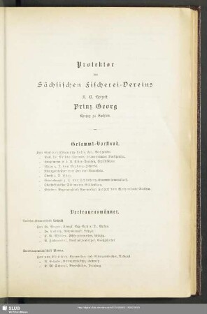 Protektor des sächsischen Fischerei-Vereins / Gesammt-Vorstand / Vertrauensmänner