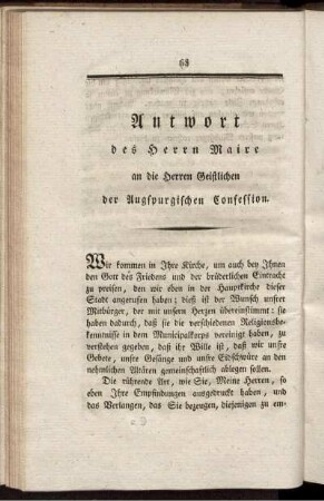 Antwort des Herrn Maire an die Herren Geistlichen der Augspurgischen Confession.