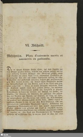 VI. Abschnitt. Mehlspeisen. Plats d'entremets sucrés et nonsucrés en patisserie